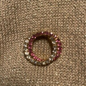 Vintage Unmarked Gold Tone Pink and white Rhinestone Interlocking Circle Brooch